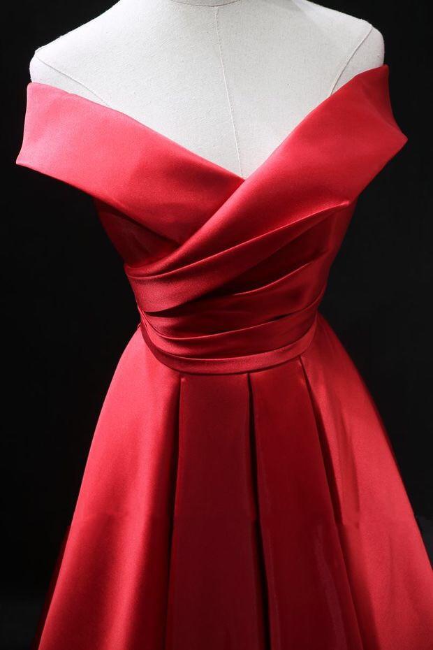 Long Red Satin Prom Dresses 2019 Off The Shoulder Evening Gowns