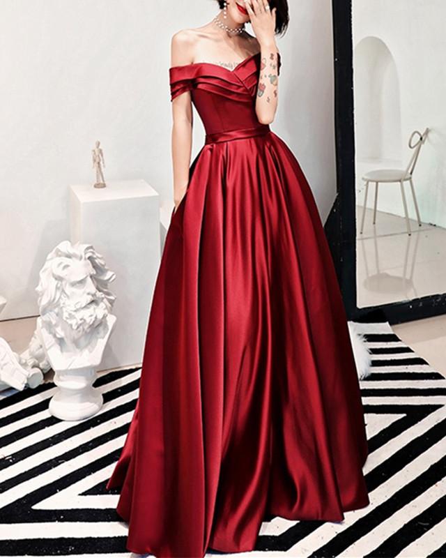 Sexy Off Shoulder Long Satin Prom Dresses With Pocket