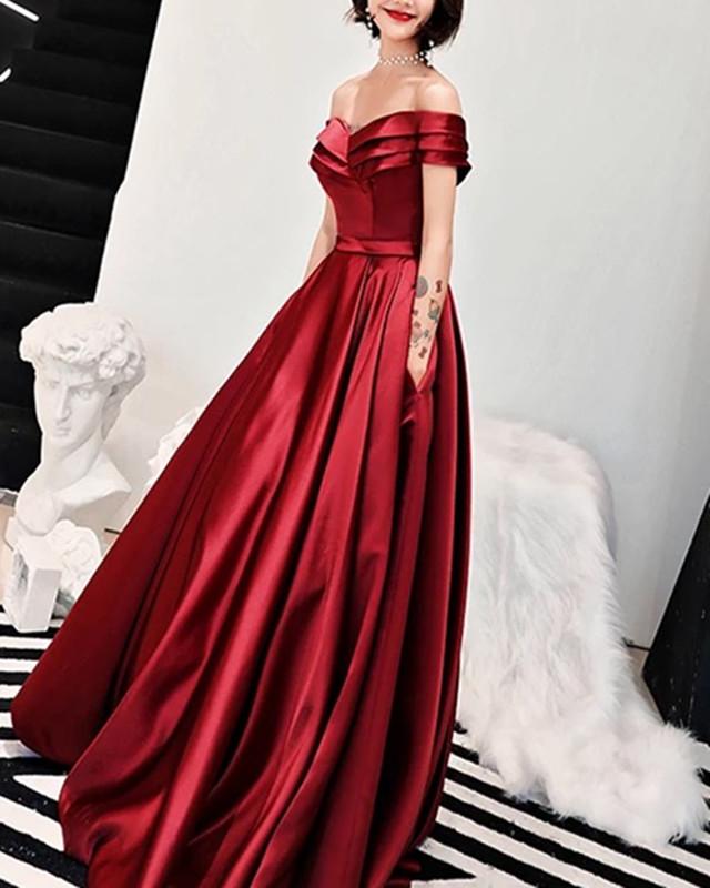 Sexy Off Shoulder Long Satin Prom Dresses With Pocket