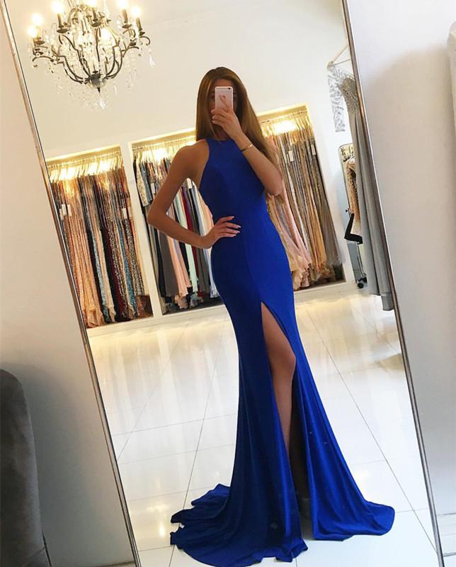 Royal Blue Long Mermaid Evening Dresses Backless Prom Gowns
