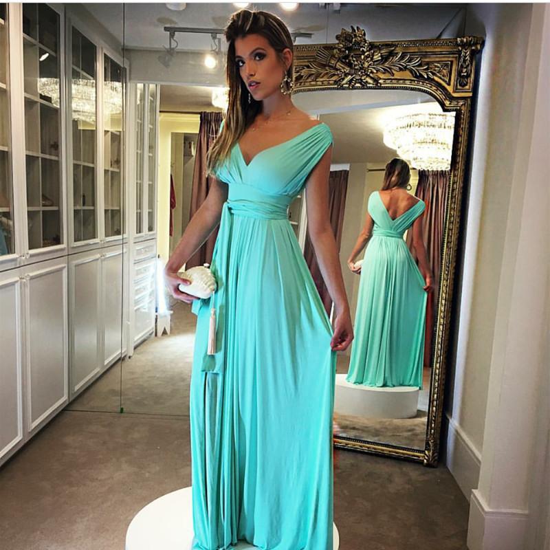 Long Chiffon V Neck Off Shoulder Turquoise Prom Dresses