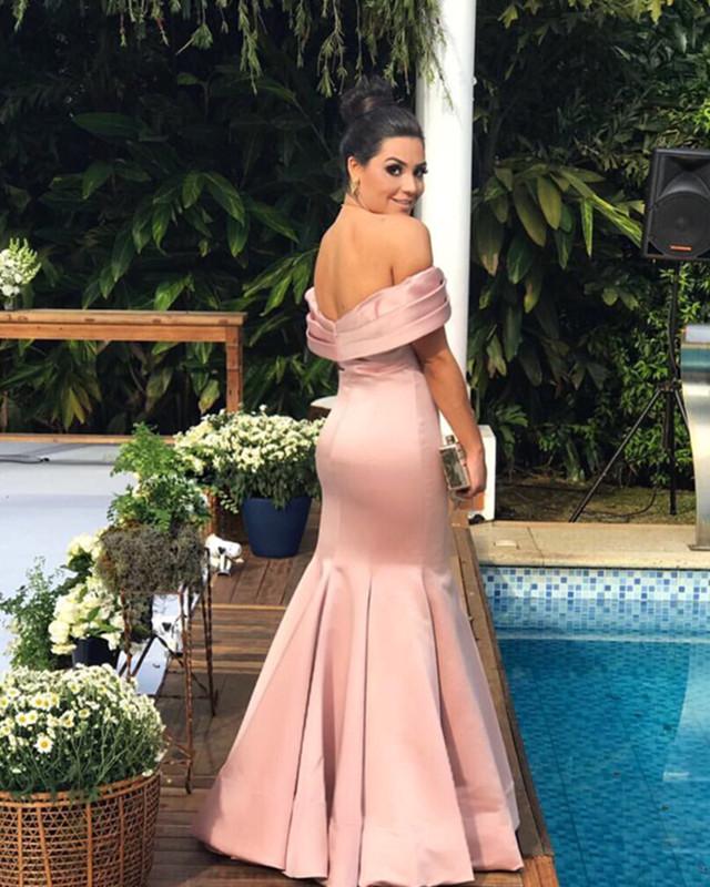 Nude Pink Satin Mermaid Prom Dresses V-neck Off Shoulder Evening Gowns