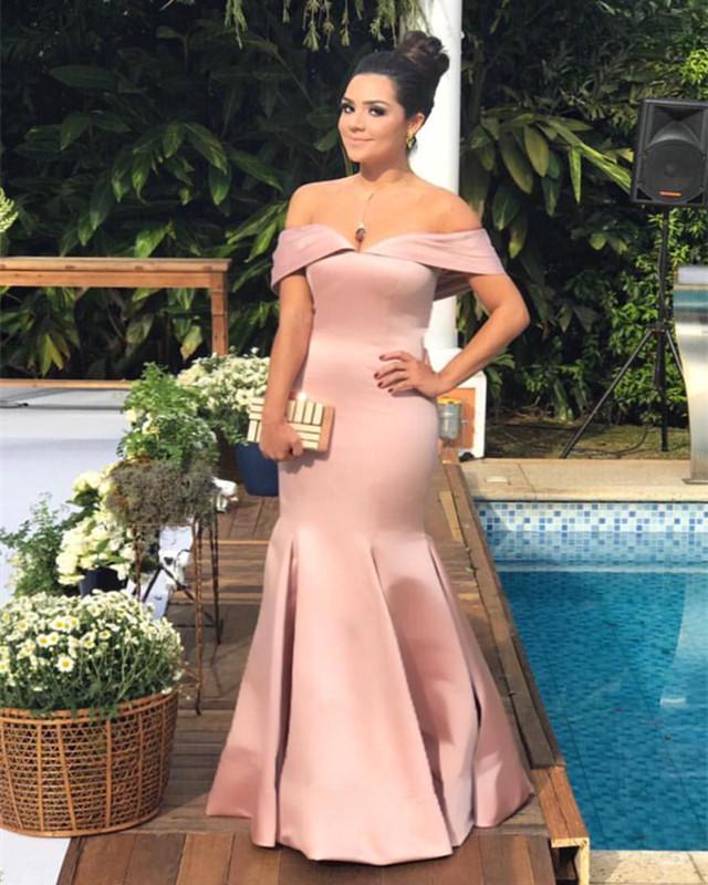 Nude Pink Satin Mermaid Prom Dresses V-neck Off Shoulder Evening Gowns