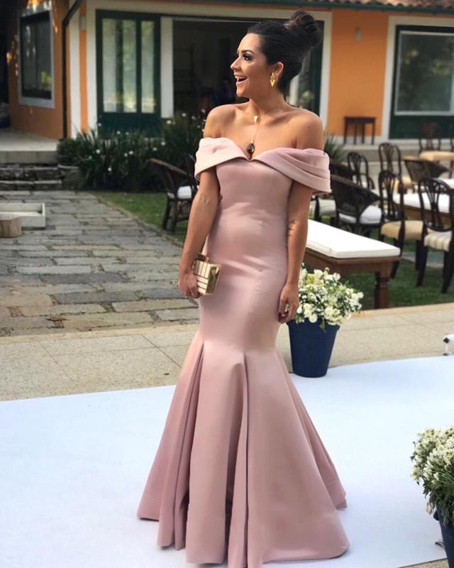 Nude Pink Satin Mermaid Prom Dresses V-neck Off Shoulder Evening Gowns