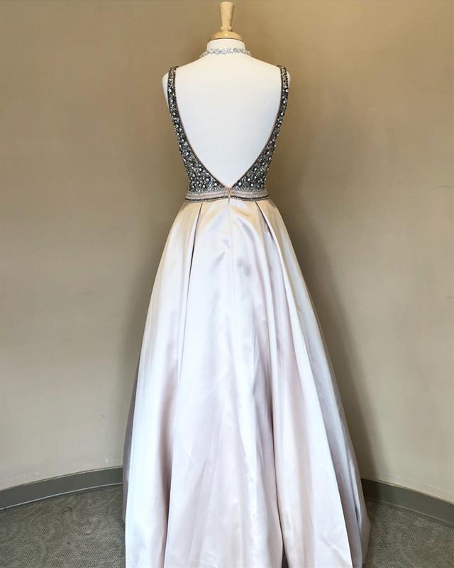 Sparkle Sequin Beaded V-neck Long Satin Prom Dresses 2018