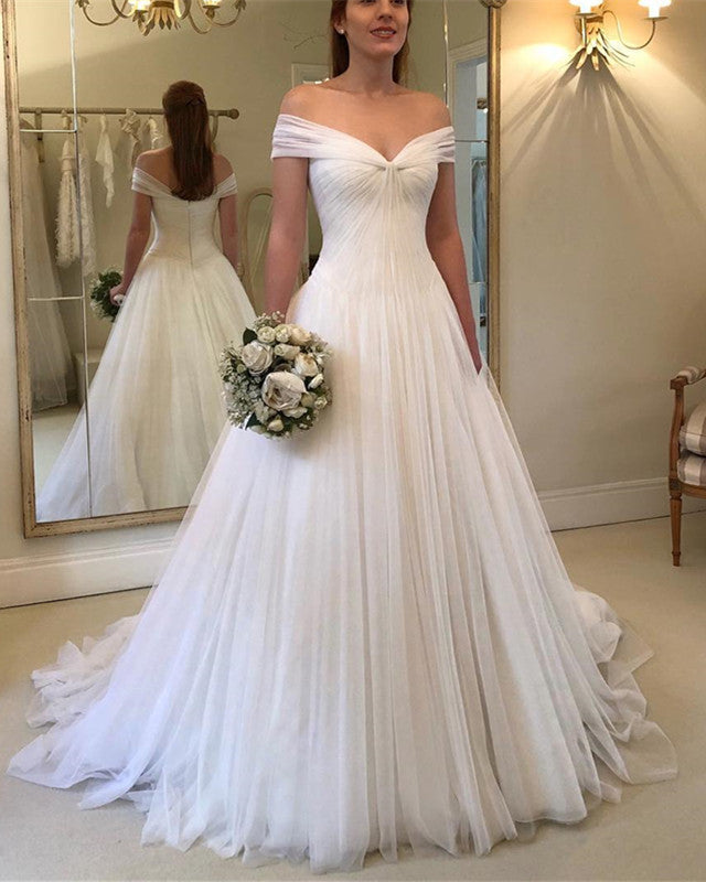 Elegant Pleated Tulle Floor Length Wedding Dresses Off The Shoulder