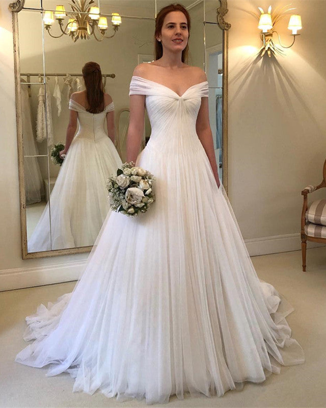 Elegant Pleated Tulle Floor Length Wedding Dresses Off The Shoulder