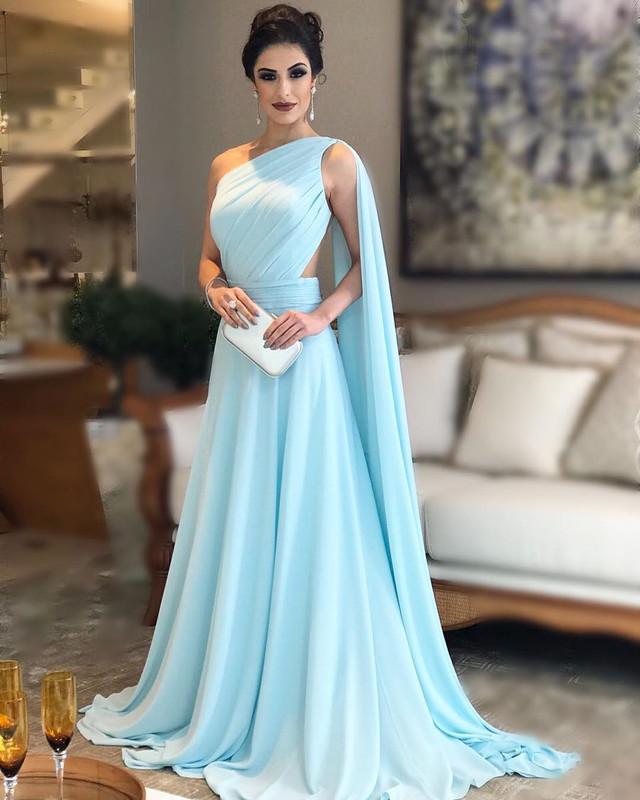 One Shoulder Nude Back Long Chiffon Evening Gowns 2019 Prom Dresses