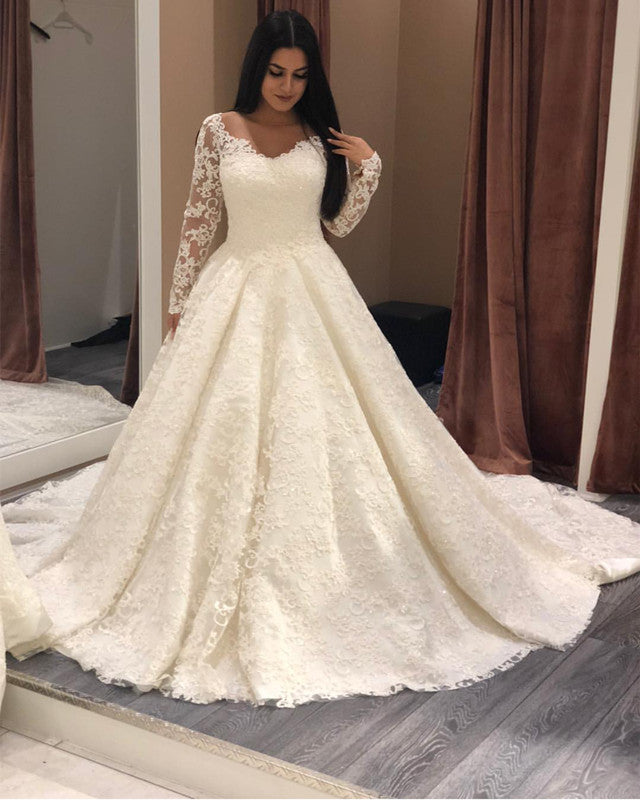 Sheer Neckline Long Sleeves Lace Wedding Dresses Ball Gowns