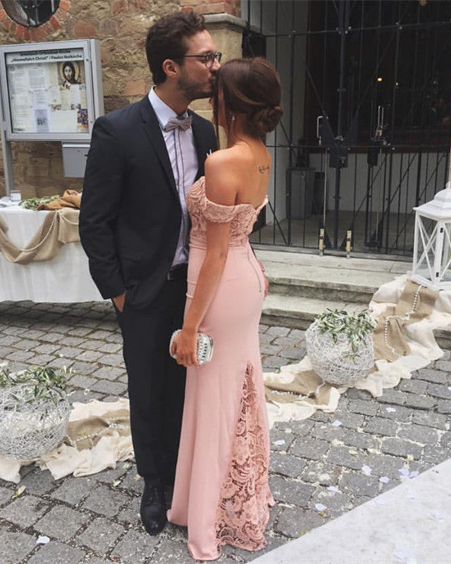 Blush Pink Lace Sweetheart Floor Length Mermaid Bridesmaid Dresses Off Shoulder