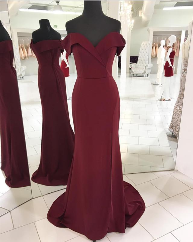V-neck Off Shoulder Long Burgundy Mermaid Prom Dresses Leg Split