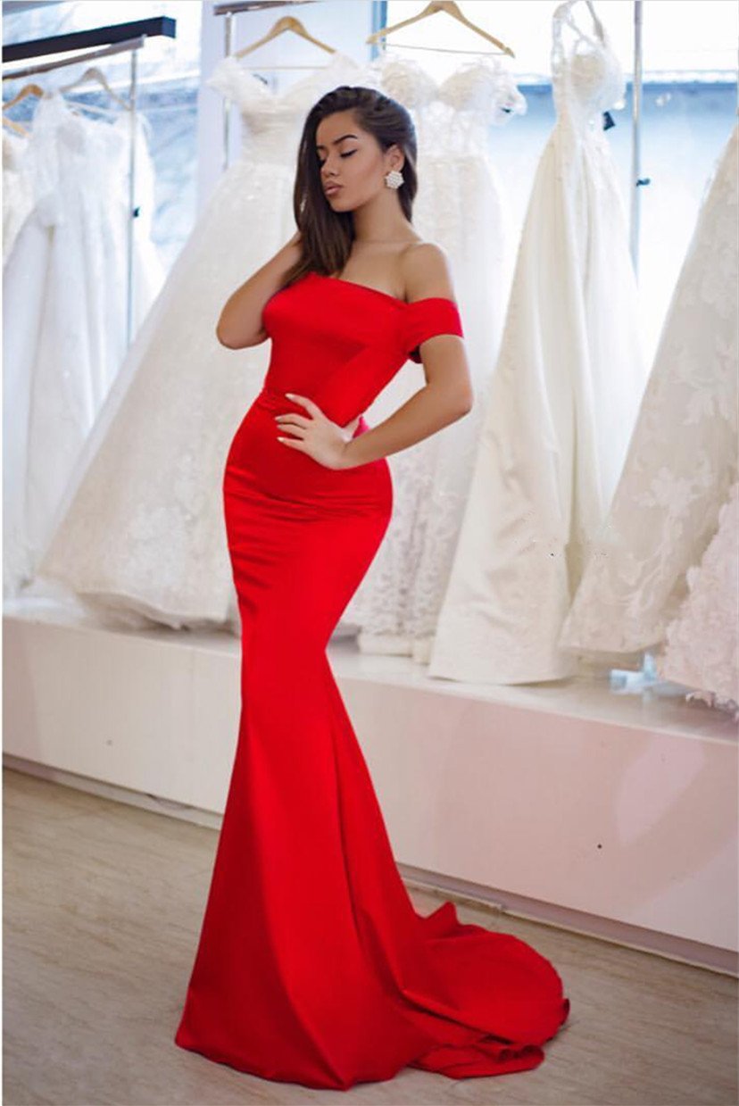 Stylish Square Neckline Long Satin Mermaid Off-Shoulder Prom Dresses