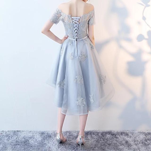 Asymmetric Style Silver Tulle Off Shoulder Bridesmaid Dresses Lace Appliques