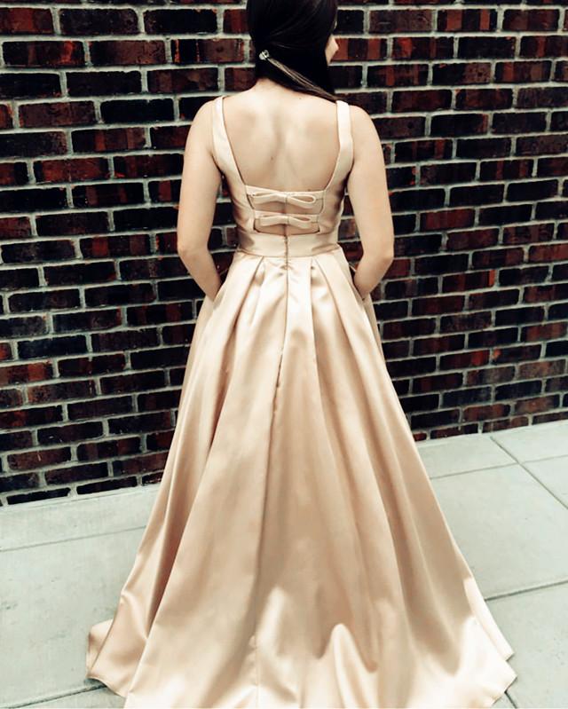 Sexy Deep V-neck Bow Back Long Satin Prom Dresses 2019