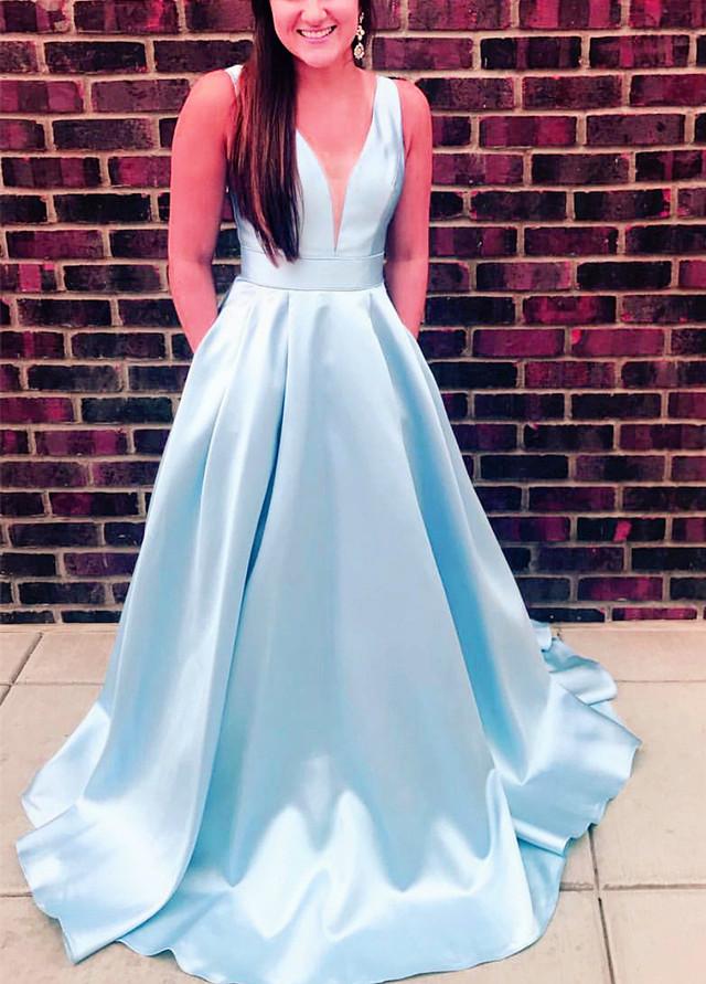 Sexy Deep V-neck Bow Back Long Satin Prom Dresses 2019