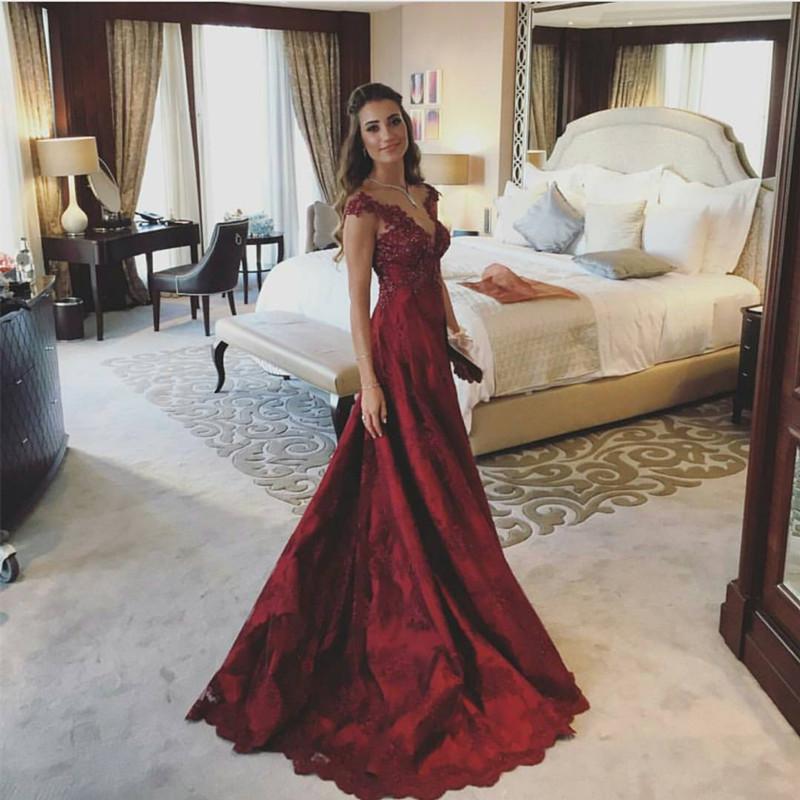 Modest Lace Cap Sleeves Long Burgundy Satin Prom Gowns 2019