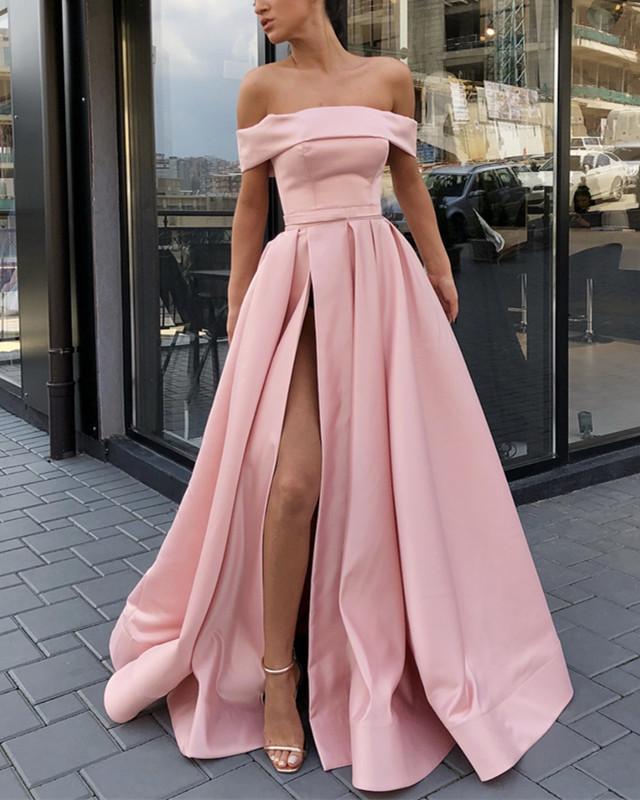 Off Shoulder Evening Gowns Satin Leg Split Prom Long Dresses