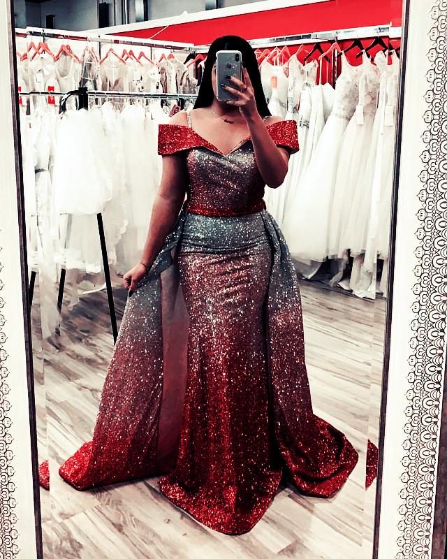 Ombre Sequins V-neck Off Shoulder Mermaid Evening Dresses