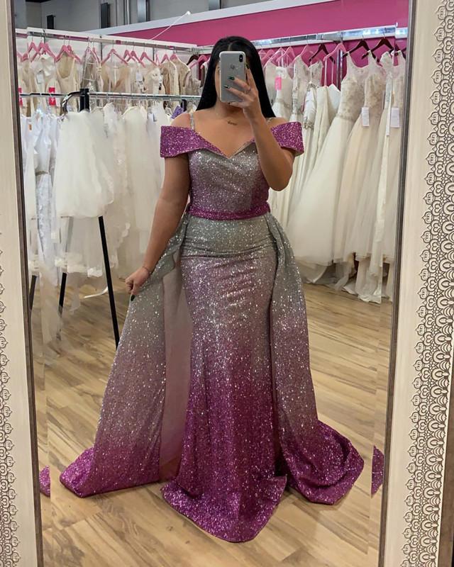 Ombre Sequins V-neck Off Shoulder Mermaid Evening Dresses