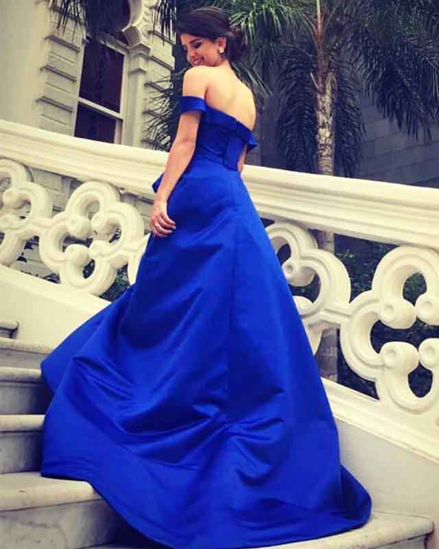 Royal Blue Long Satin V-neck Evening Gowns Off Shoulder Prom Dresses With Flowers
