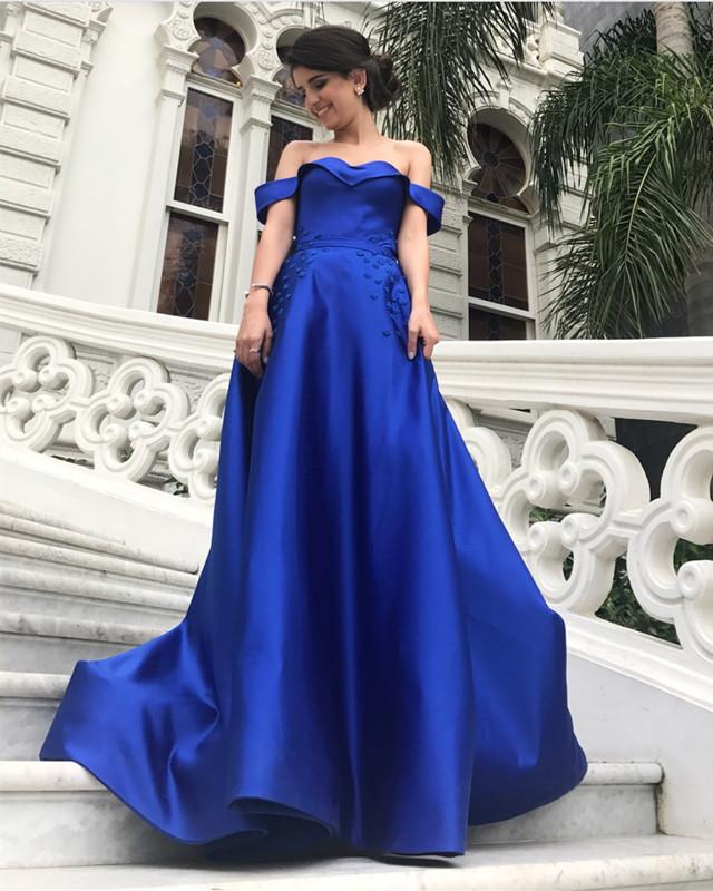 Royal Blue Long Satin V-neck Evening Gowns Off Shoulder Prom Dresses With Flowers