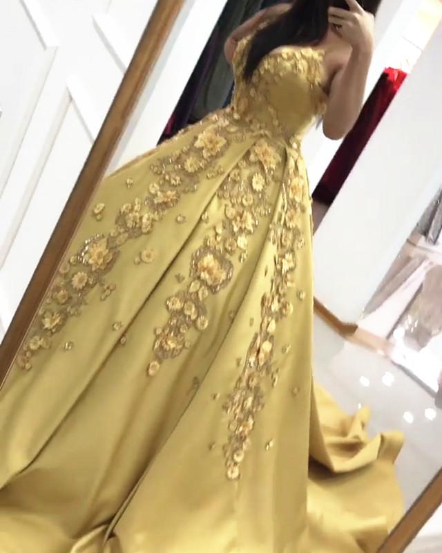 3D Lace Flowers Embroidery Satin Ball Gown Dresses