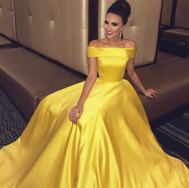 Off The Shoulder Long Satin Gold Prom Dresses Ball Gowns 2019