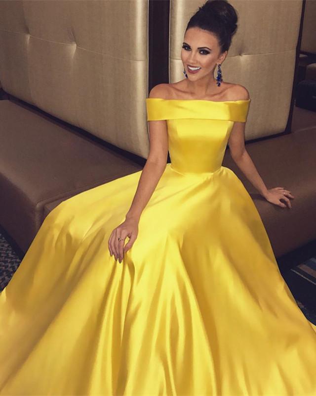 Off The Shoulder Long Satin Gold Prom Dresses Ball Gowns 2019