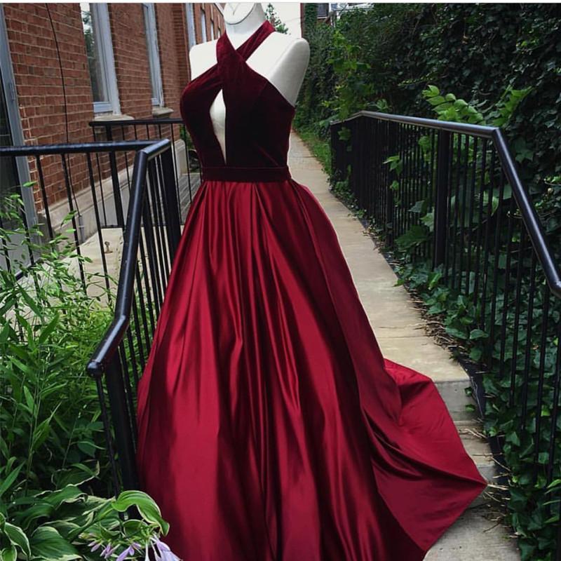 Velvet Halter Top Long Satin Prom Dresses Ball Gowns 2018