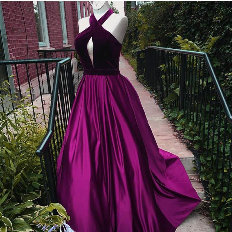 Velvet Halter Top Long Satin Prom Dresses Ball Gowns 2018
