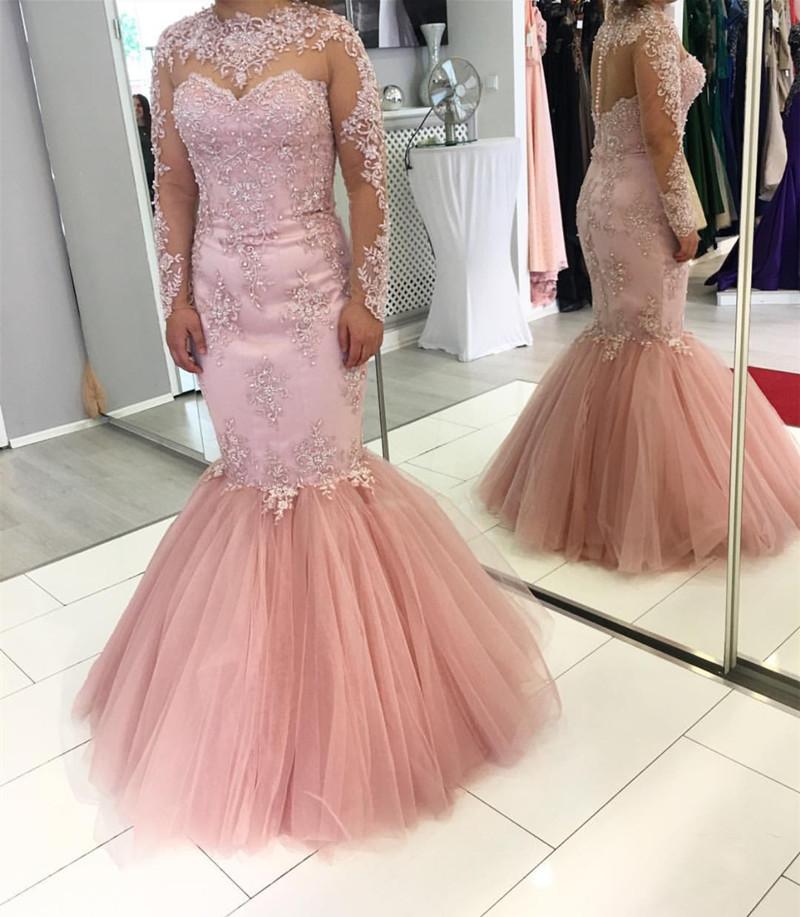 Pink Lace Appliques Long Sleeves Mermaid Evening Dresses