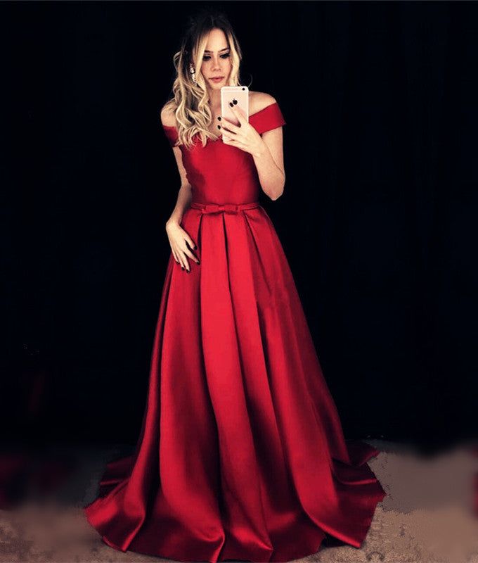 Maroon Satin V-neck Off-the-shoulder Prom Dresses Floor Length Evening Gowns