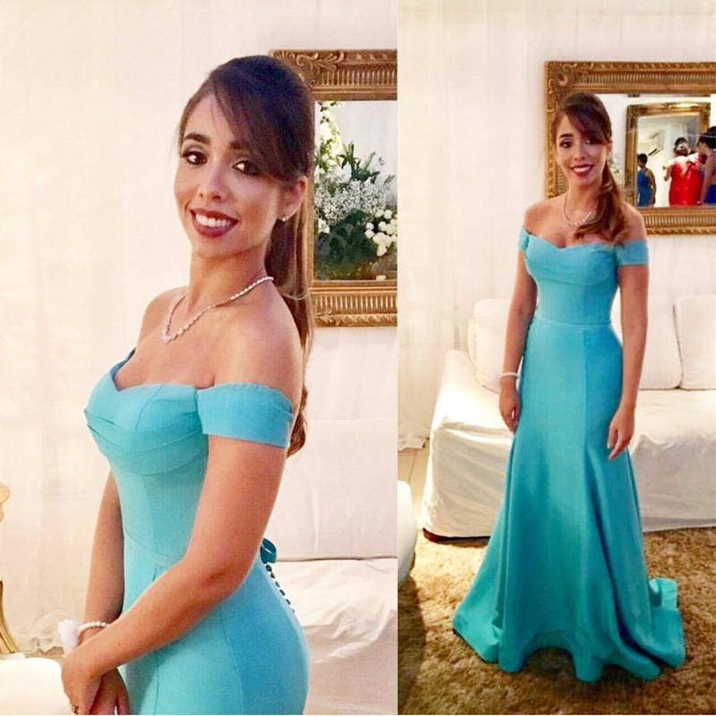 Turquoise Satin Mermaid Backless Evening Gowns Off The Shoulder