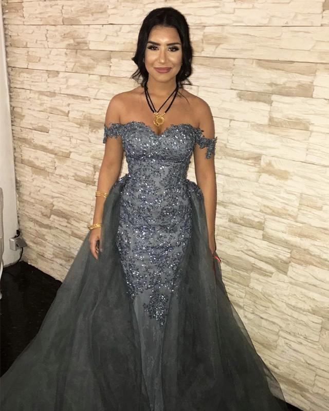 Sequin Lace Off Shoulder Mermaid Evening Dresses With Removable Skirt
