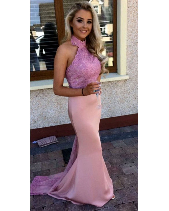 Pink Lace Halter Long Jersey Mermaid Bridesmaid Dresses Backless