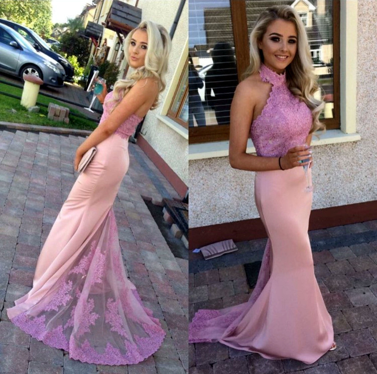Pink Lace Halter Long Jersey Mermaid Bridesmaid Dresses Backless