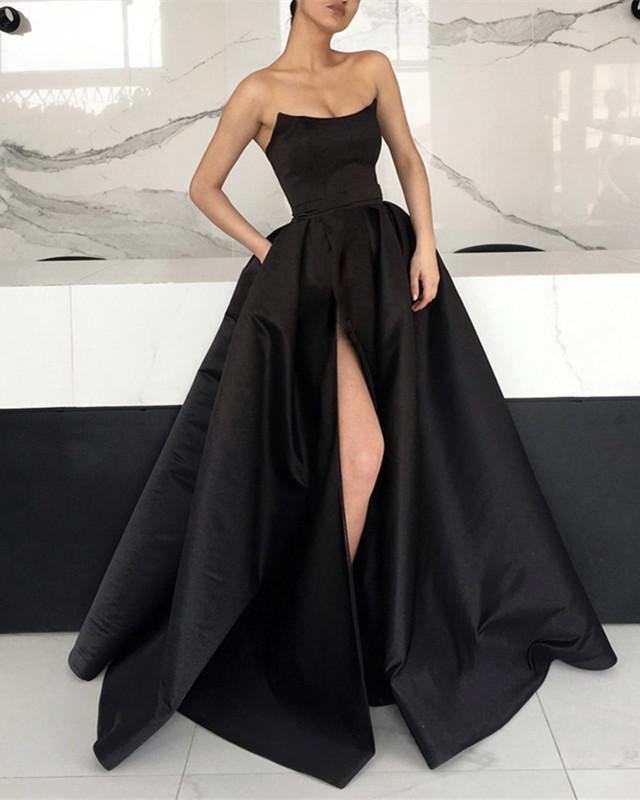 Strapless Bodice Corset Long Satin Leg Split Evening Dresses
