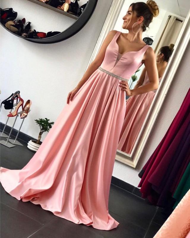 Pink Satin Floor Length Evening Dresses V-neck Prom Dresses Beaded Sashes