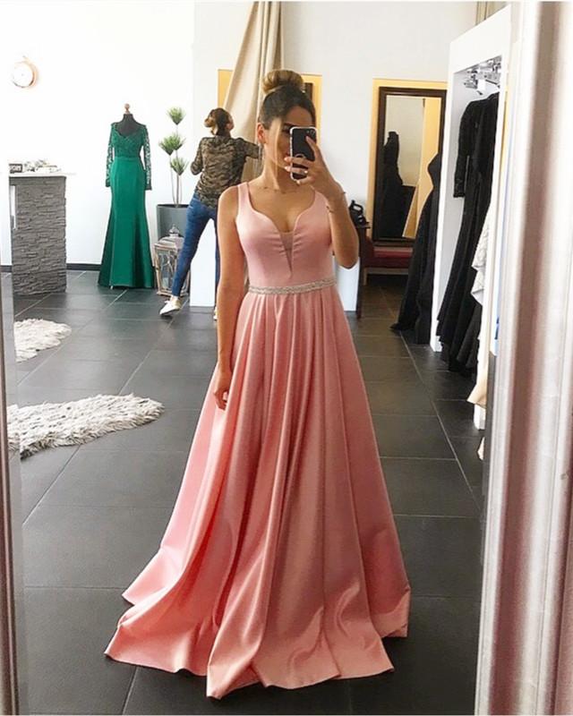 Pink Satin Floor Length Evening Dresses V-neck Prom Dresses Beaded Sashes