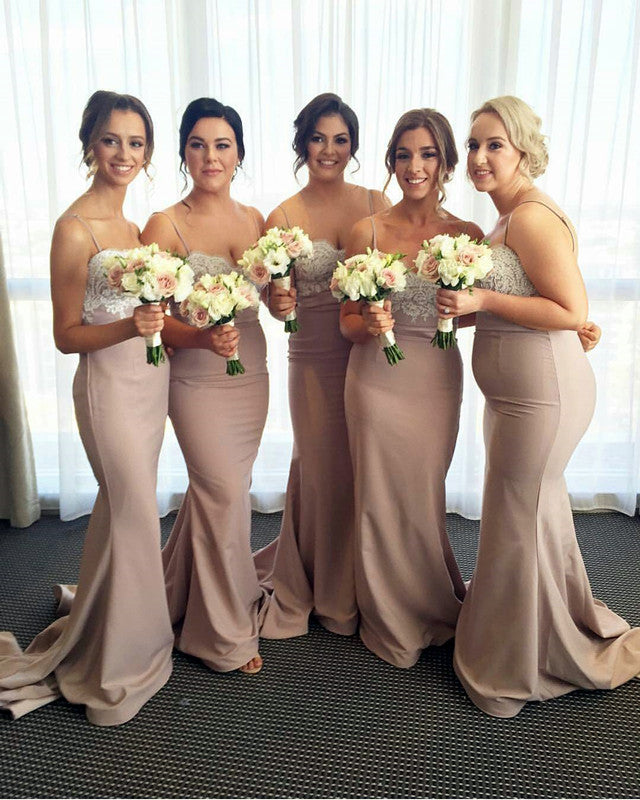 Lace Appliques Sweetheart Long Mermaid Bridesmaid Dresses With Straps