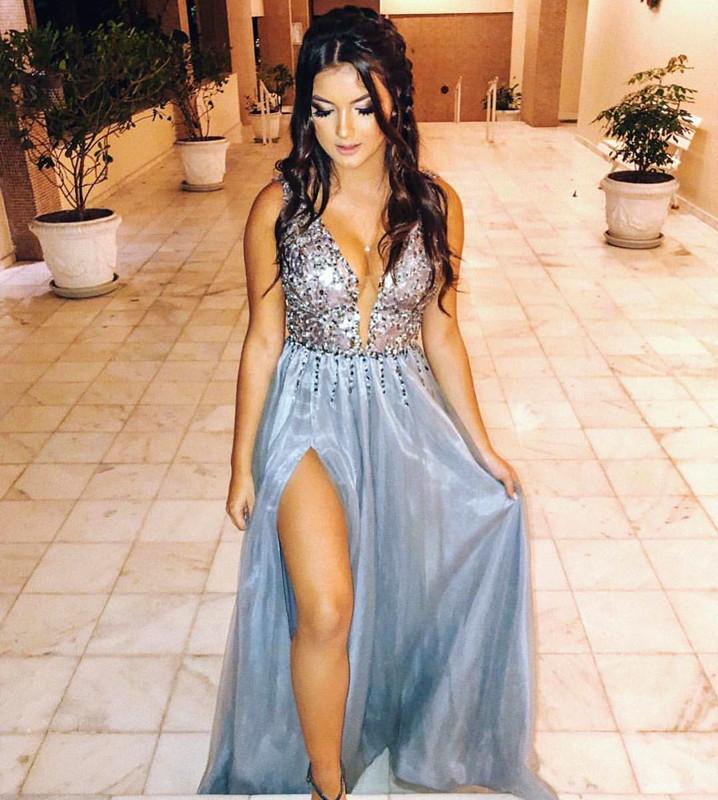 Sparkly Sequins Beaded V-neck Tulle Prom Dresses Long Split Evening Gowns