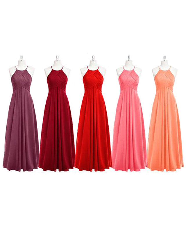 Elegant Pleated Long Chiffon Halter Bridesmaid Dresses