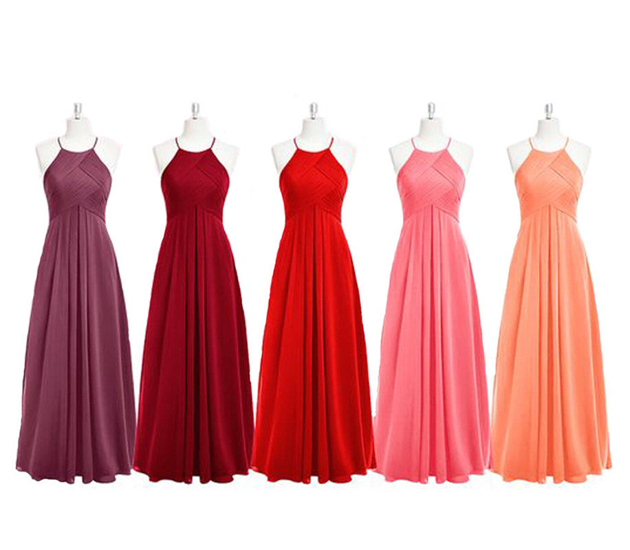 Elegant Pleated Halter Long Chiffon Floor Length Bridesmaid Dresses