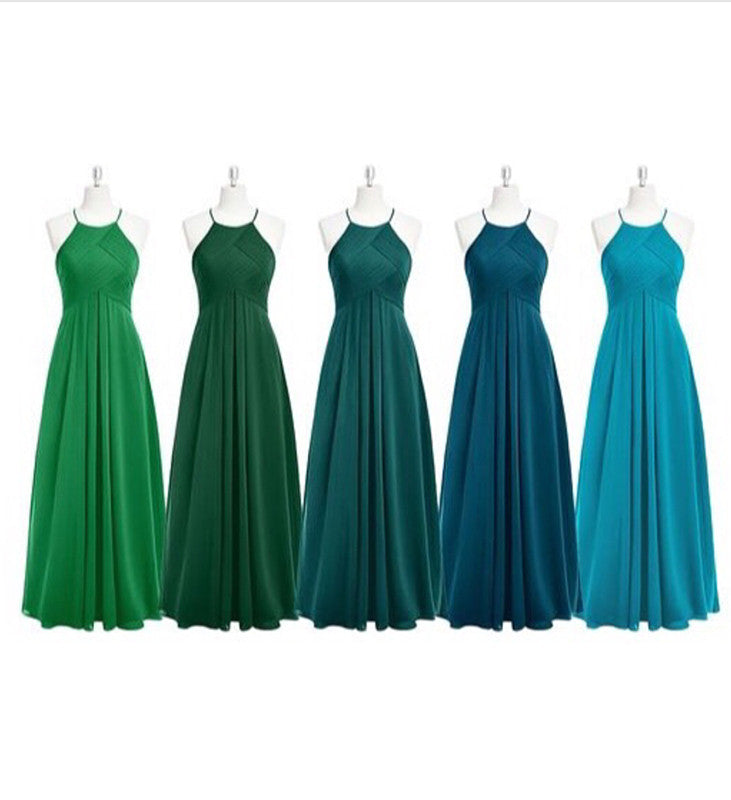 Elegant Pleated Halter Long Chiffon Floor Length Bridesmaid Dresses