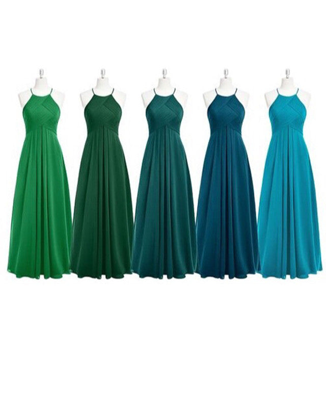 Elegant Pleated Long Chiffon Halter Bridesmaid Dresses