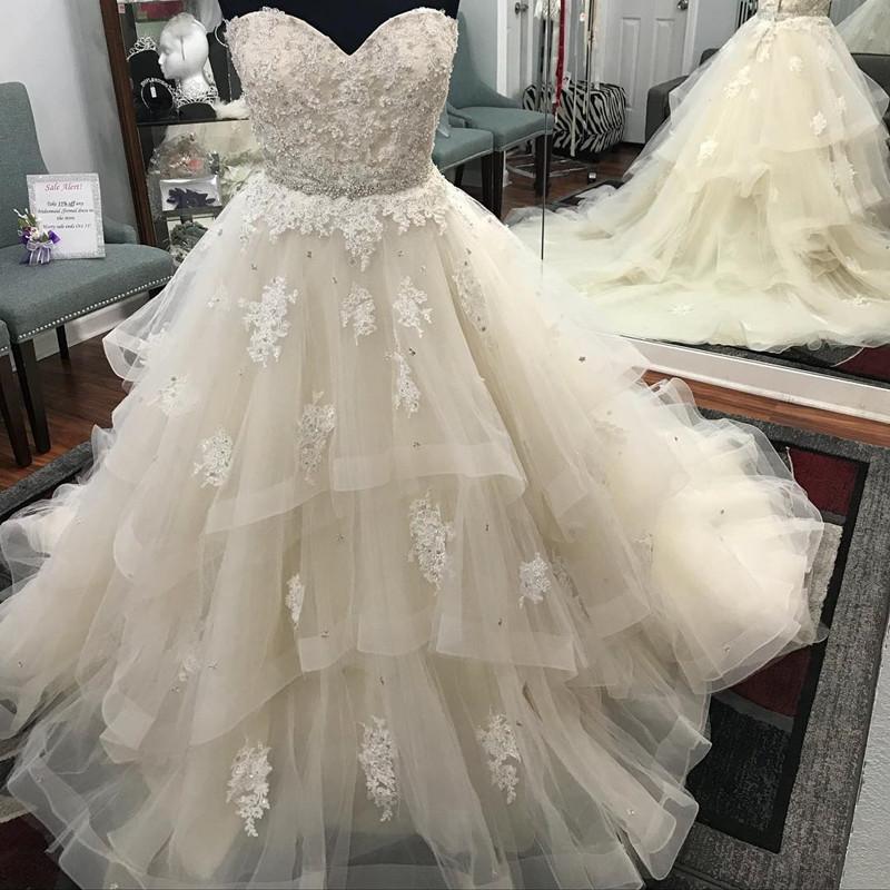 Lace Sweetheart Beaded Sashes Ruffles Tulle Ball Gowns Wedding Dresses