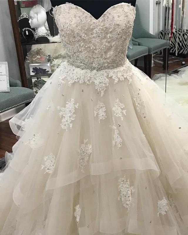 Lace Sweetheart Beaded Sashes Ruffles Tulle Ball Gowns Wedding Dresses