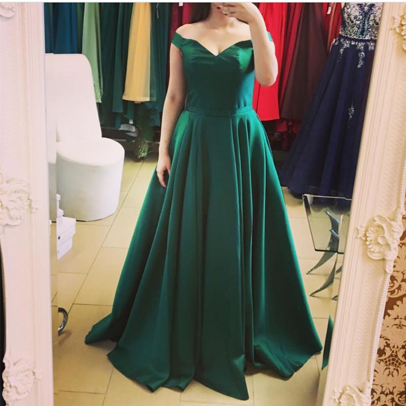 Long Satin V Neck Empire Waistline Prom Dresses 2018 Off The Shoulder