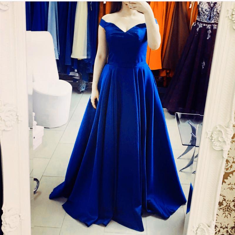 Long Satin V Neck Empire Waistline Prom Dresses 2018 Off The Shoulder