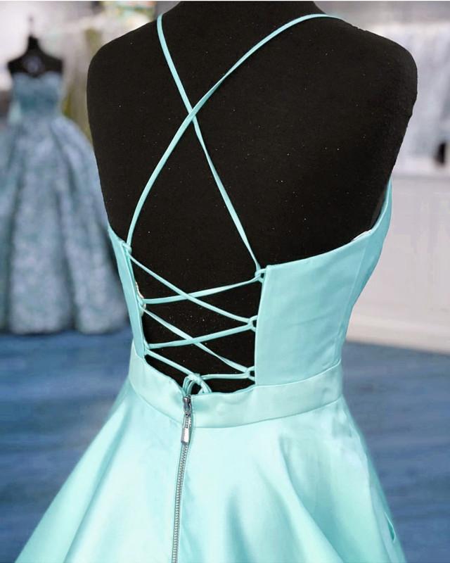 Light Blue Satin V-neck Cross Back Prom Dresses 2019